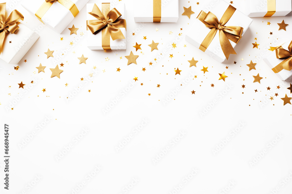 white and gold gift boxes scattered on a white background with golden stars white and gold gift boxes scattered on a white background with golden stars
