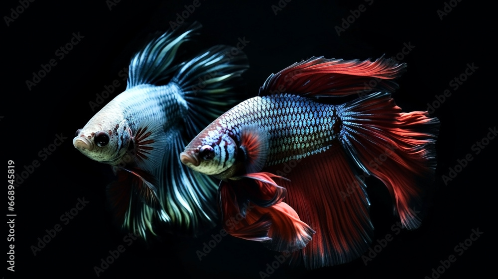 Fototapeta premium Betta fish, siamese fighting fish isolated on black background beautiful movement macro photo