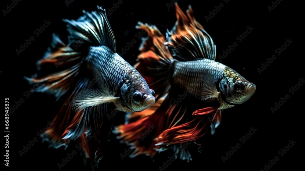 Fototapeta premium Betta fish, siamese fighting fish isolated on black background beautiful movement macro photo