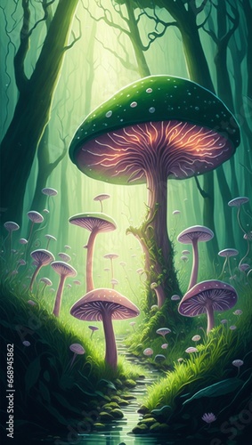 Cogumelos, floresta densa de cogumelos grandes e pequenas plantas e gramíneas e flores. Generative ai photo