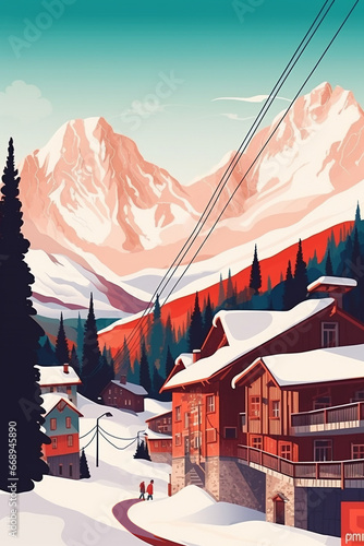 Ski resort in the mountains. ski slope. Winter landscape. Winter mountain landscape. illustration of ski resort with snowy hill, slope, hotels, ski lift. Outdoor holiday activity in Alps. 