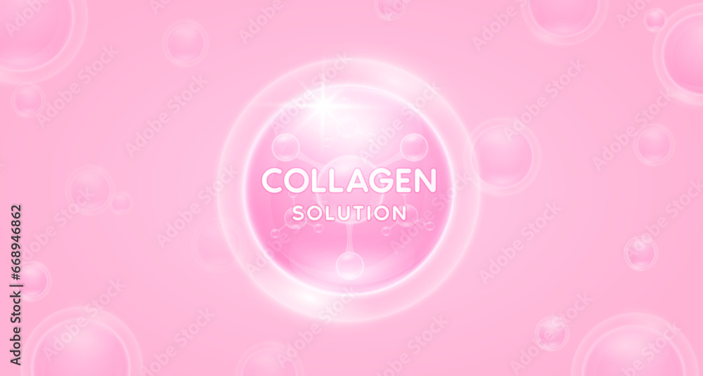 Pink collagen solution floating in the air. Hyaluronic Acid and Moisturizer Vitamins serum skin care. For cosmetic banner or beauty nutrition. Essential supplement to the health skin. Vector.