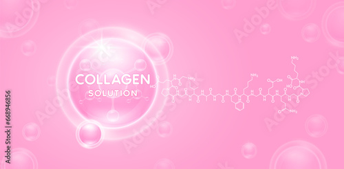 Collagen solution pink with chemical formula structure. Vitamins complex hyaluronic acid serum and moisturizer essential to the health skin care. For cosmetic beauty nutrition. Vector.