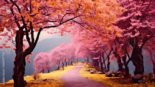 spring in the park, landscape with blossom and mountain, cherry blossom