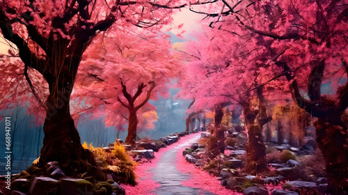 spring in the park  landscape with blossom and mountain  cherry blossom