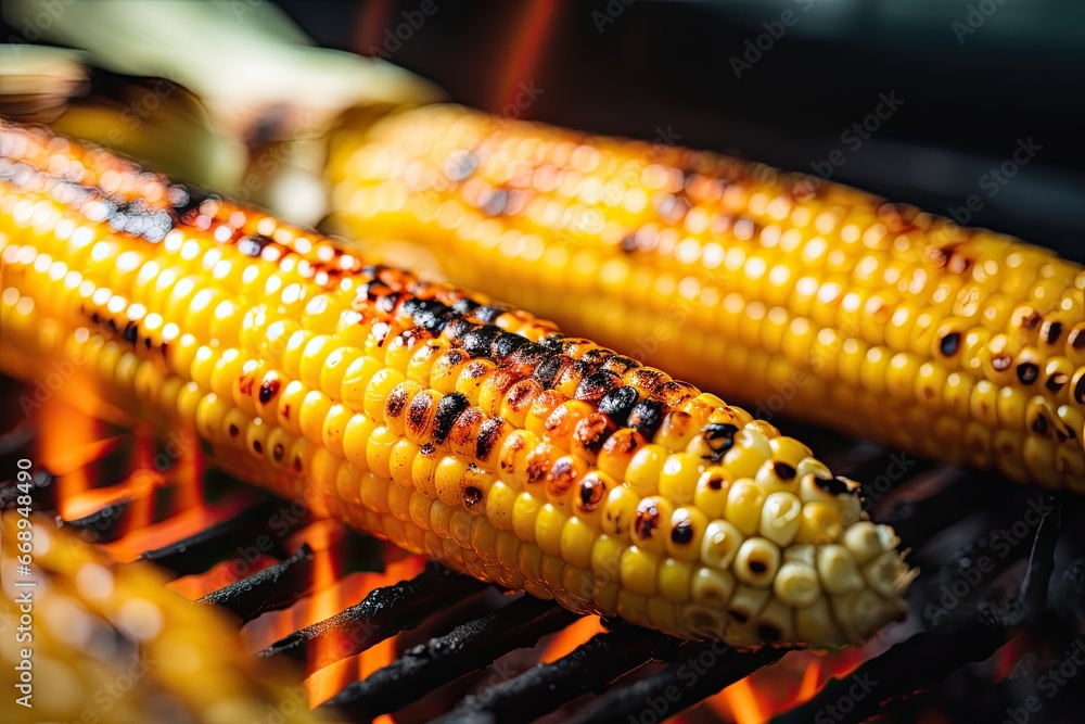 Close-up shot of Grilled Corn on the Cob, showcasing its smoky charred kernels, a tempting summer delight. Close-up shot of Grilled Corn on the Cob, showcasing its smoky charred kernels, a tempting summer delight.