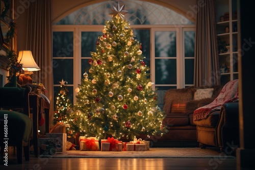 Árbol de Navidad iluminado dentro de casa photo