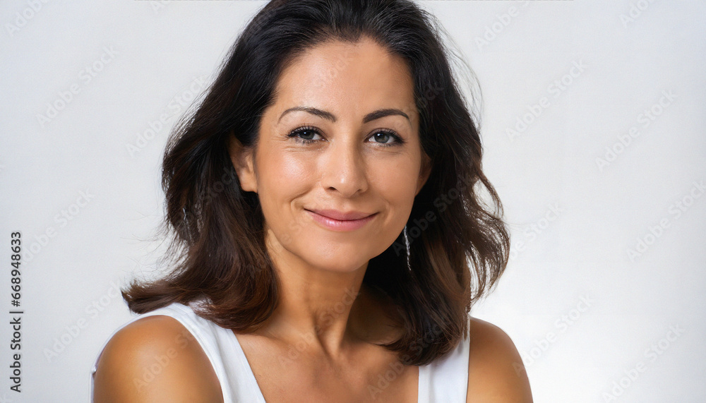 studio portrait of latin american woman between 40 and 50 years old smiling, skin care concept studio portrait of latin american woman between 40 and 50 years old smiling, skin care concept