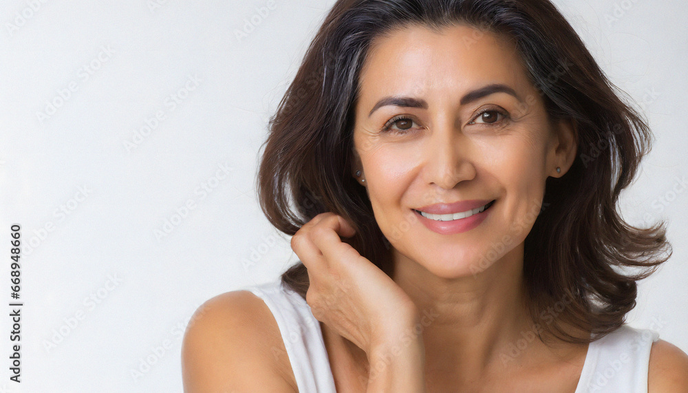 studio portrait of latin american woman between 40 and 50 years old smiling, skin care concept studio portrait of latin american woman between 40 and 50 years old smiling, skin care concept