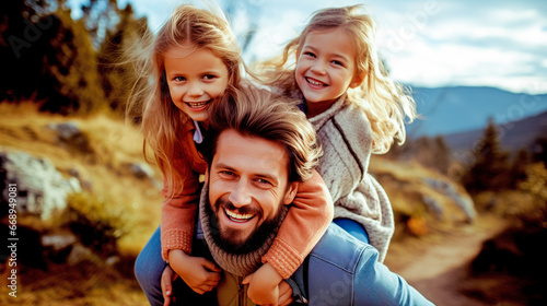FATHER GIVING LITTLE CHILDREN PIGGYBACK RIDES SMILING. legal AI