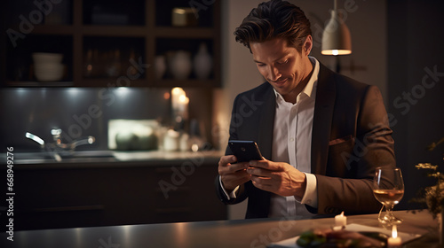 Handsome stylish business man in suit standing in modern kitchen with smartphone in hand