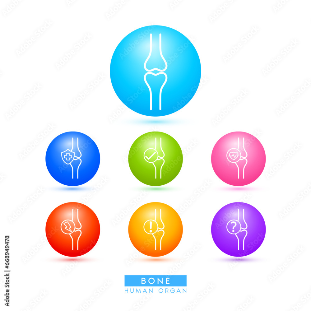 Knee joint bone icons for health care ads or website. Medical Icon human organ with exclamation check question mark, cross and thunder. Ball round 3d isolated on white background. Vector EPS10. Knee joint bone icons for health care ads or website. Medical Icon human organ with exclamation check question mark, cross and thunder. Ball round 3d isolated on white background. Vector EPS10.
