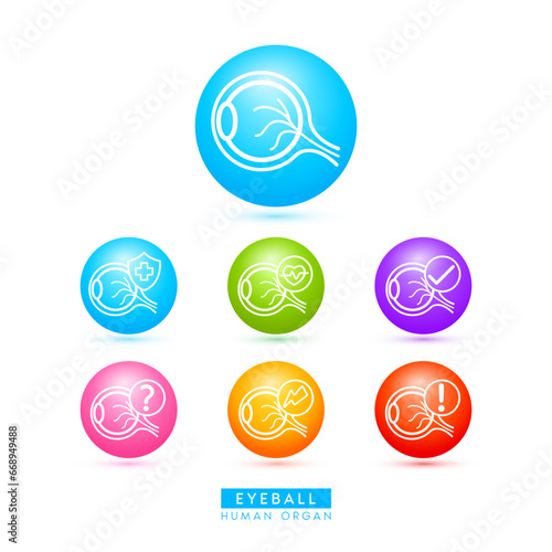 Eyeball icons for health care ads or website. Medical Icon human organ with exclamation check question mark, cross and thunder. Ball round 3d isolated on white background. Vector EPS10.
