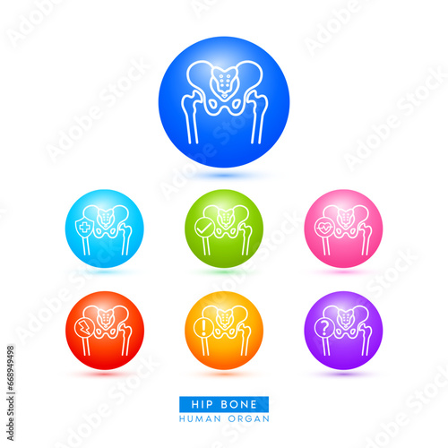 Hip bone icons for health care ads or website. Medical Icon human organ with exclamation check question mark, cross and thunder. Ball round 3d isolated on white background. Vector EPS10.