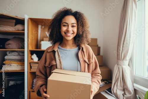 Student girl with curly hair holds box of things, moving to campus , studying photo