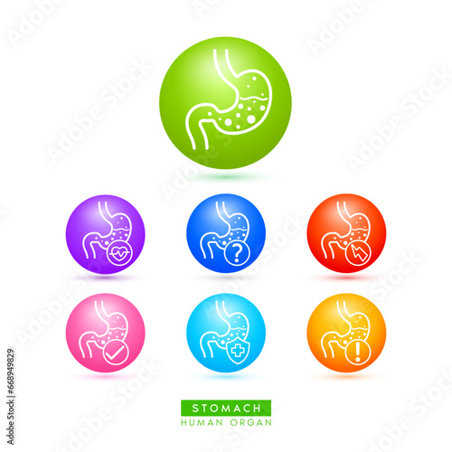 Stomach icons for health care ads or website. Medical Icon human organ with exclamation check question mark, cross and thunder. Ball round 3d isolated on white background. Vector EPS10.