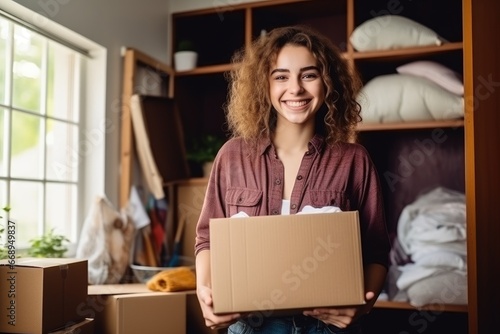 Student girl with curly hair holds box of things, moving to campus , studying