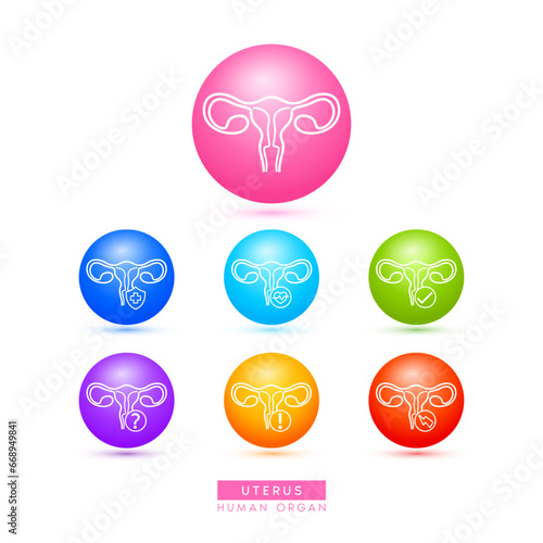 Uterus icons for health care ads or website. Medical Icon human organ with exclamation check question mark, cross and thunder. Ball round 3d isolated on white background. Vector EPS10.