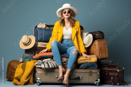 The woman is going on vacation. Sitting on a suitcase full of things photo