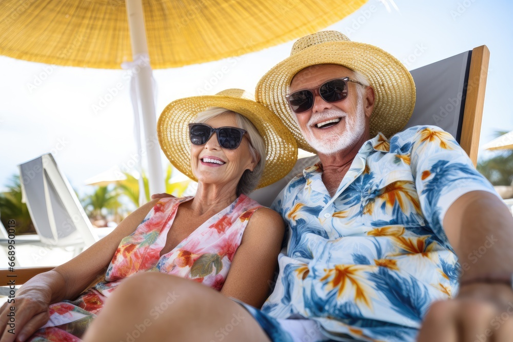 Husband and wife pensioners in bright clothes, resting on the seashore