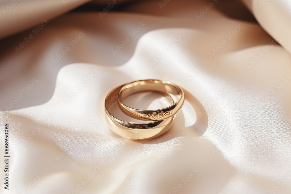 Two gold wedding rings on silk fabric, wedding Two gold wedding rings on silk fabric, wedding