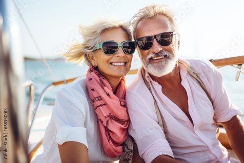 Husband and wife pensioners in bright clothes, resting on the seashore © Good AI