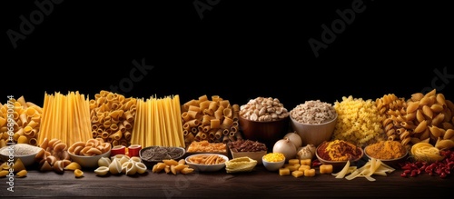 Assorted Italian pasta shapes on dark table