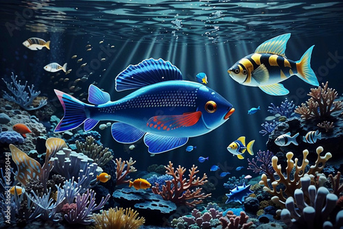 Cute Colorful Fish underwater in deep sea.