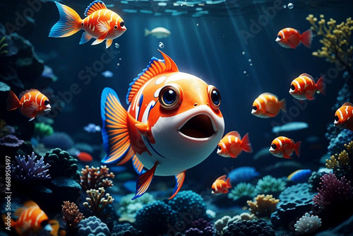 Cute Colorful Fish underwater in deep sea.
