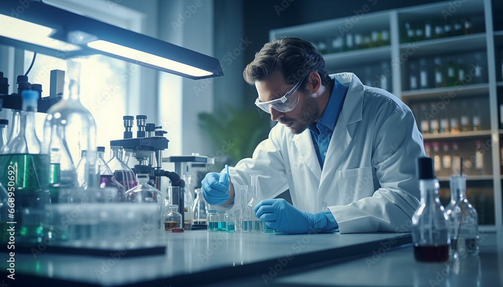 Scientist Working with laboratory flask in a laboratory Scientist Working with laboratory flask in a laboratory