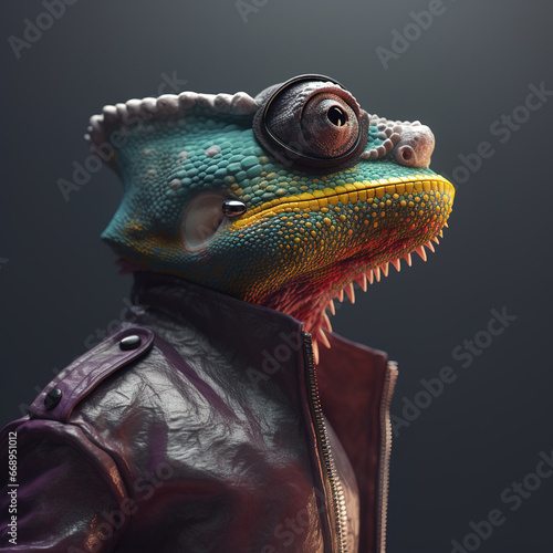 Image of stylish cool chameleon as fashion and wore a leather jacket. Modern fashion  Animals.
