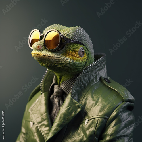 Image of stylish cool chameleon wearing sunglasses as fashion and wore a leather jacket. Modern fashion, Animals, Illustration, Generative AI.