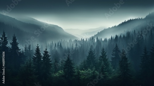 Misty pine forest valley landscape in the morning © boxstock production