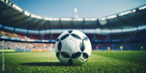 The Lone Football Ball Amidst the Vast Green Field and Towering Stadium ,Football soccer ball on grass field at stadium ,generative ai  © Hadi
