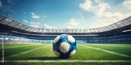 Soccer Ball On Green Field of football stadium for background ,Soccer ball in front of the stadium,Soccer Ball On Green Field of football stadium for background Generative AI  © Hadi