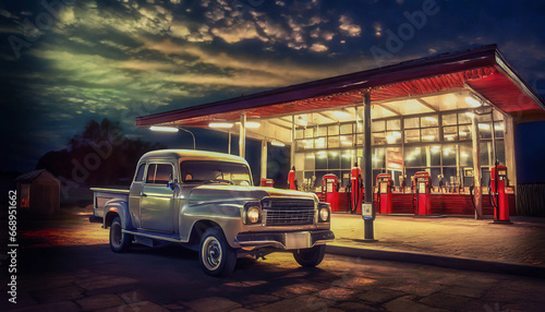 Vintage pickup truck parked in front of a gas station © Juergen Wiesler