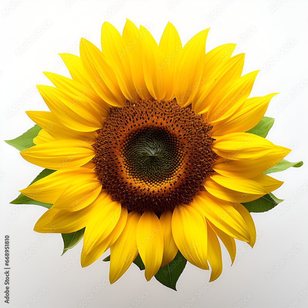 Fototapeta premium sunflower isolated on a white background. one yellow flower with leaves.