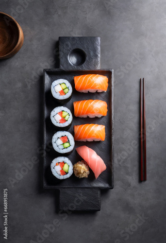 Healthy Japanese cuisine sushi dish with fresh salmon and rice rolls.