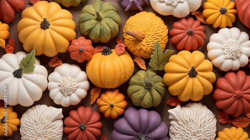 Colorful decorative pumpkins on a brown background. DIY craft pumpkins, top view