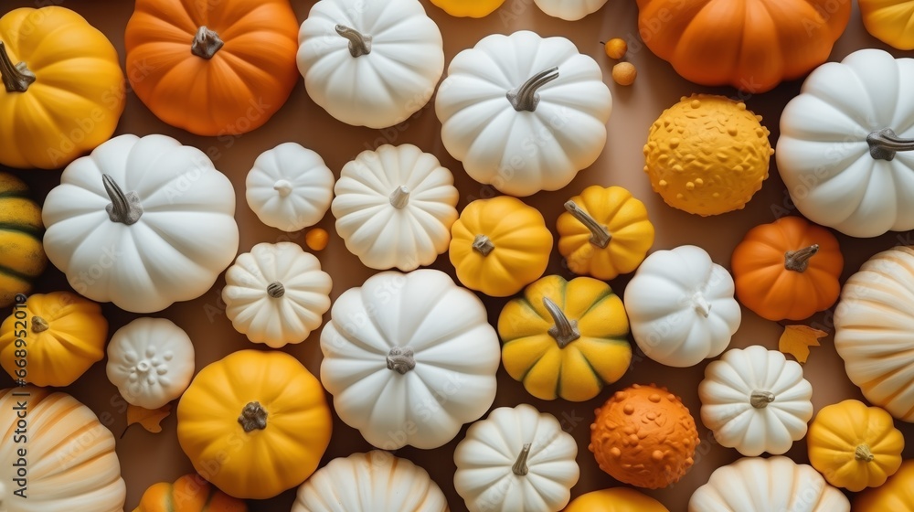 Colorful decorative pumpkins of different shapes and sizes, DIY craft pumpkins, top view