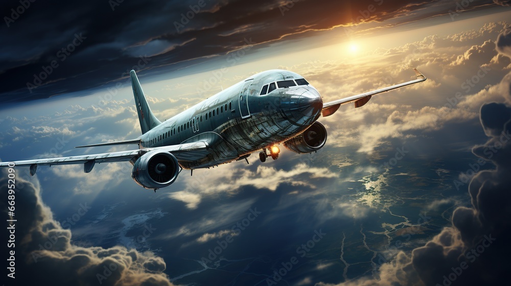 Naklejka premium Airplane in the sky with thunder and lightning,The plane flies in terrible thunderstorm, Airplane in the sky with thunder and lightning