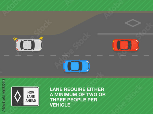 Safe driving tips and traffic regulation rules. Lane require either a minimum of two or three people per vehicle. Top view of a highway. Flat vector illustration template.