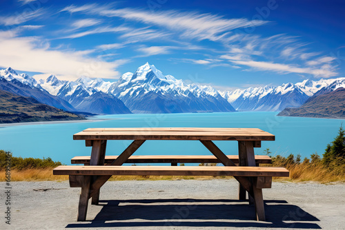 empty picnic table with lake mountain and blue sky view