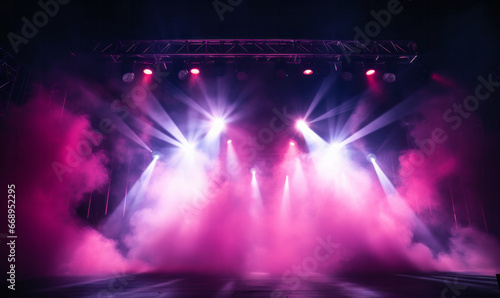 Dramatic concert stage with spotlights and laser lighting show and atmospheric smoke photo