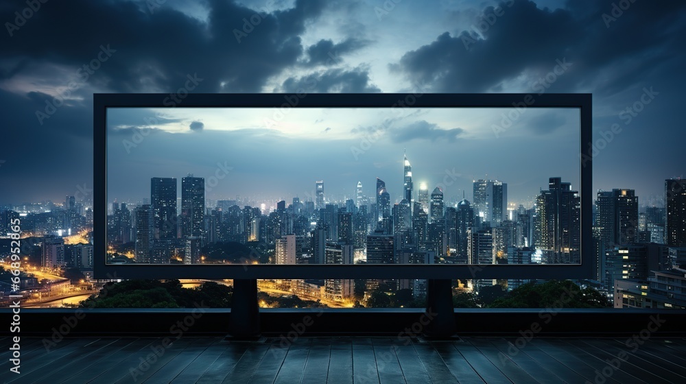 Blank billboard on the highway during the twilight with city background Blank billboard on the highway during the twilight with city background