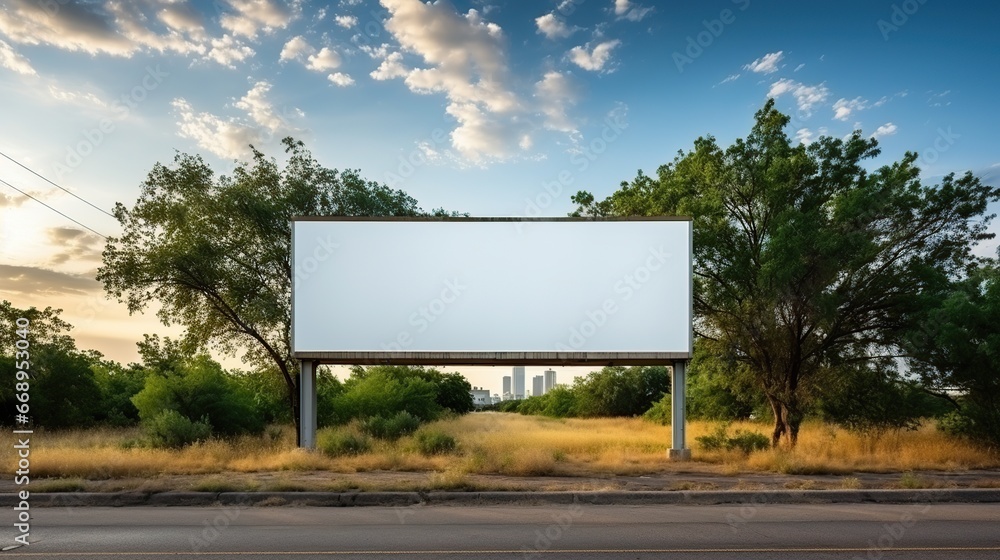 Blank billboard on the highway during the twilight with city background Blank billboard on the highway during the twilight with city background