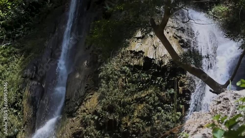 A video waterfall surrounded by lush greenery, offering a serene and natural escape.