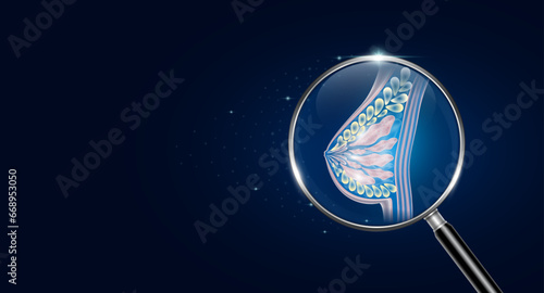Female breast in magnifying glass with scan search and blue glowing neon heart pulse. Health care and medical check up too innovative digital technology. Body health checkup examining organ. Vector.