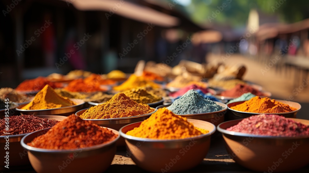 Colorful spices powders and herbs in traditional street market