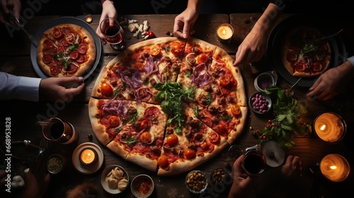 friends having pizza party dinner. Flat-lay of people clinking glasses with red wine over rustic wooden table with various kinds of Italian pizza, top view
